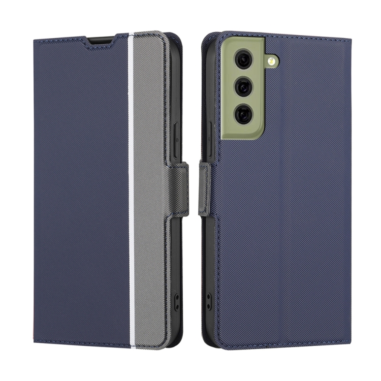 

For Samsung Galaxy S21 FE 5G Twill Texture Side Button Leather Phone Case(Blue)