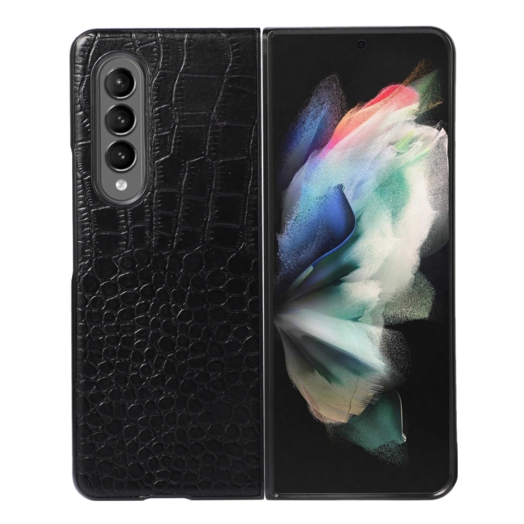 

For Samsung Galaxy Z Fold4 Crocodile Top Layer Cowhide Leather Phone Case(Black)