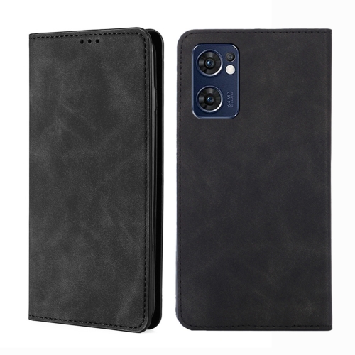 

For OPPO Reno7 5G Global Skin Feel Magnetic Horizontal Flip Leather Phone Case(Black)