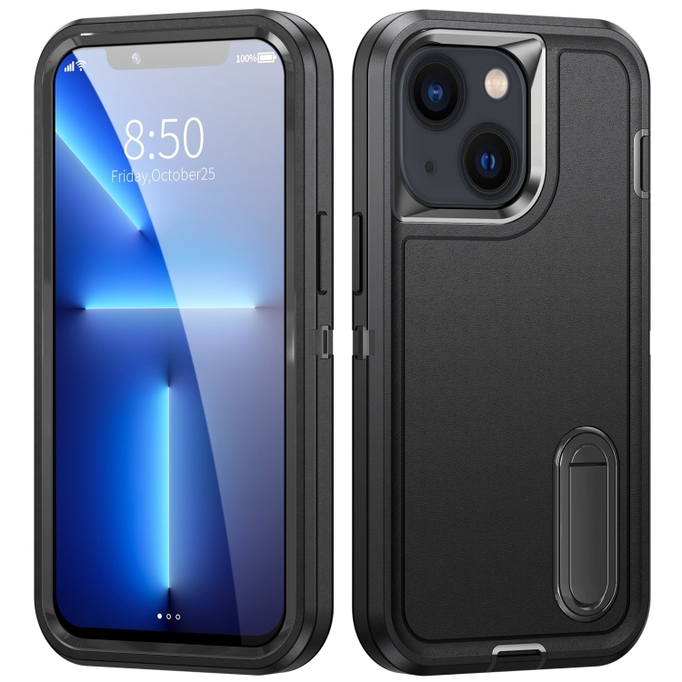 

For iPhone 14 3 in 1 Rugged Holder Phone Case (Black + Black)