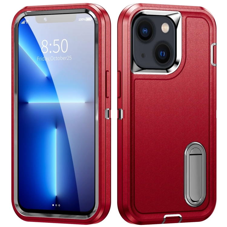 

For iPhone 14 3 in 1 Rugged Holder Phone Case (Red + Black)