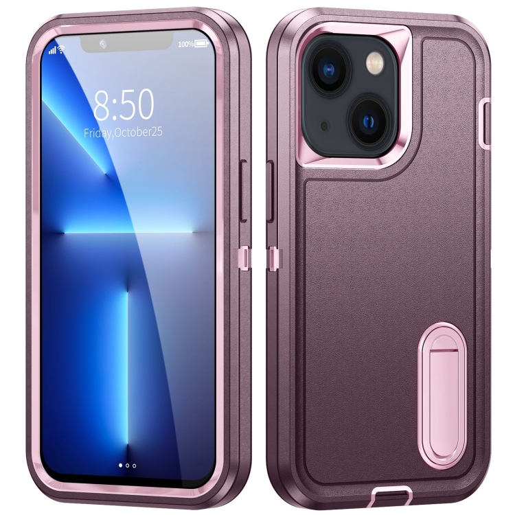 

For iPhone 14 Plus 3 in 1 Rugged Holder Phone Case (Purple + Pink)