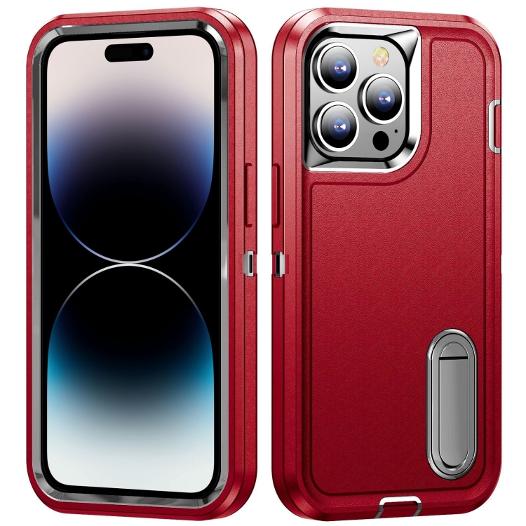 

For iPhone 14 Pro 3 in 1 Rugged Holder Phone Case (Red + Black)