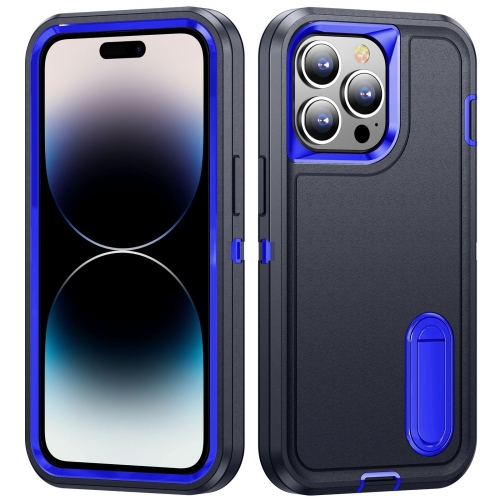 

For iPhone 14 Pro 3 in 1 Rugged Holder Phone Case (Dark Blue+Sapphire Blue)