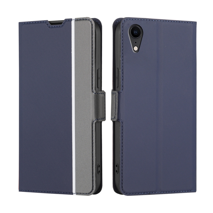 

For iPhone XR Twill Texture Side Button Leather Phone Case(Blue)