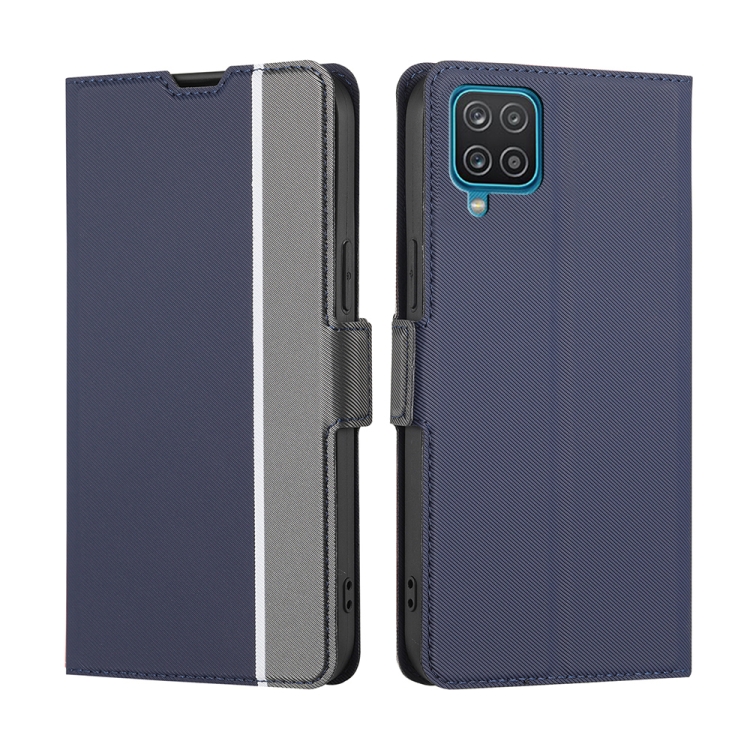 

For Samsung Galaxy A12 Twill Texture Side Button Leather Phone Case(Blue)