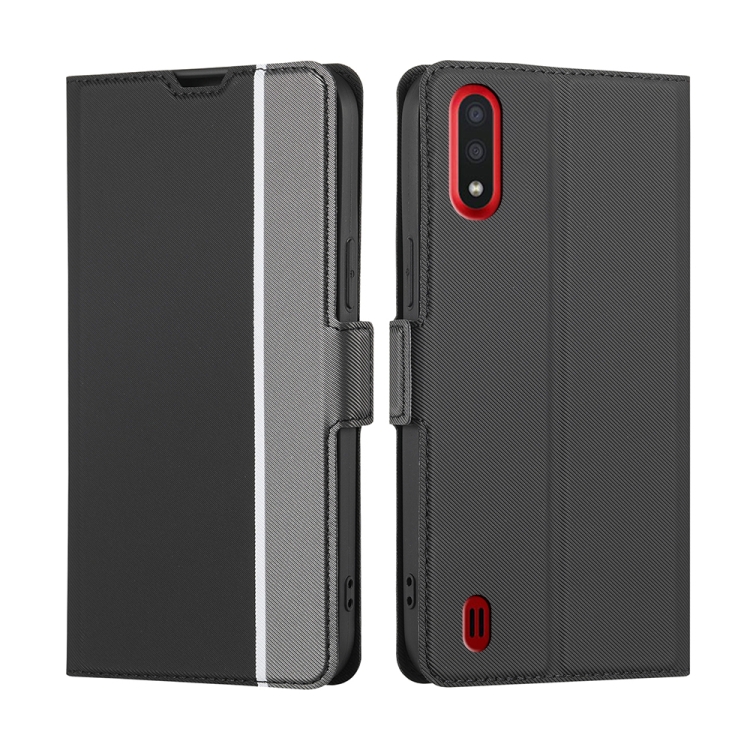 

For Samsung Galaxy A01 EU Twill Texture Side Button Leather Phone Case(Black)