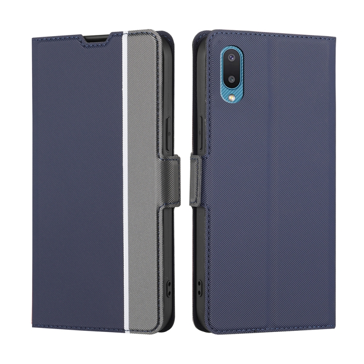 

For Samsung Galaxy A02 Twill Texture Side Button Leather Phone Case(Blue)