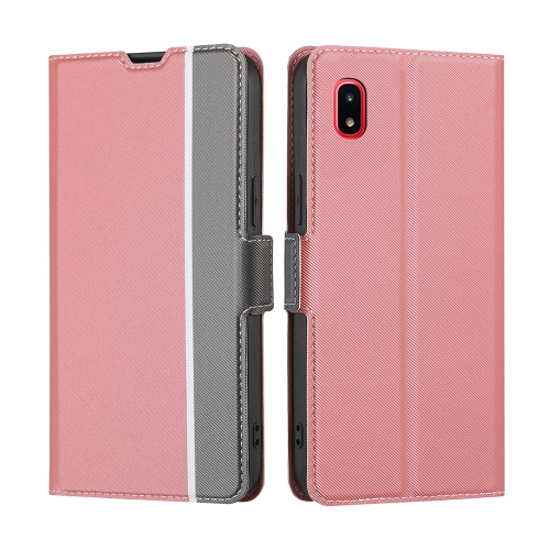 

For Samsung Galaxy A20 JP / A21 JP Twill Texture Side Button Leather Phone Case(Pink)