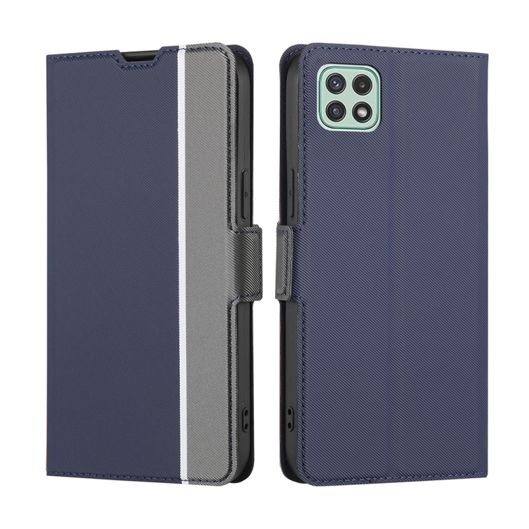 

For Samsung Galaxy A22 5G Twill Texture Side Button Leather Phone Case(Blue)