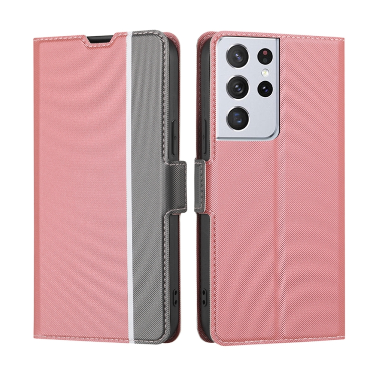

For Samsung Galaxy S21 Ultra 5G Twill Texture Side Button Leather Phone Case(Pink)