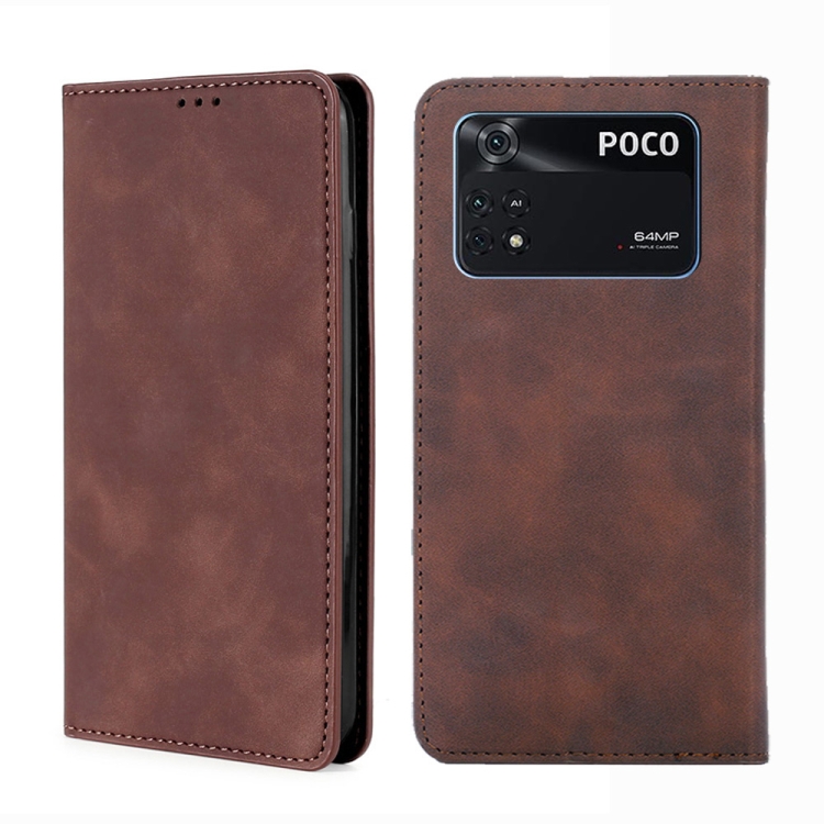 

For Xiaomi Poco M4 Pro Skin Feel Magnetic Flip Leather Phone Case(Dark Brown)