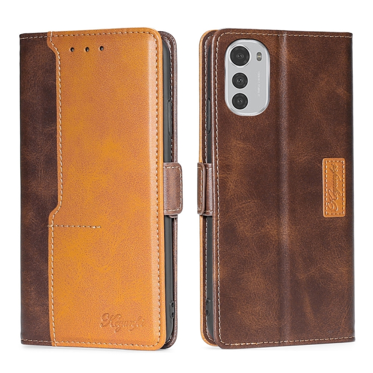 

For Motorola Moto E32 4G Contrast Color Side Buckle Leather Phone Case(Dark Brown + Gold)