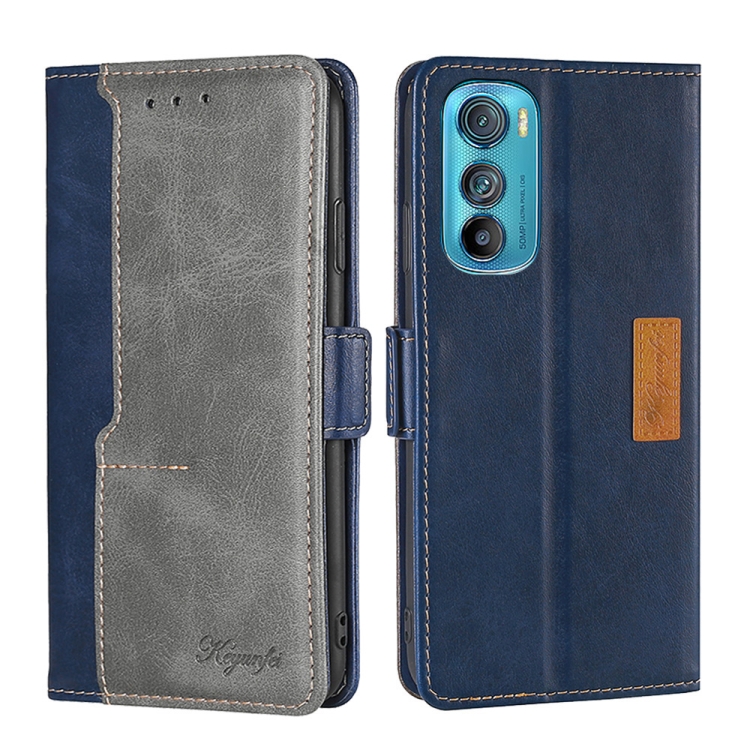 

For Motorola Edge 30 Contrast Color Side Buckle Leather Phone Case(Blue + Grey)