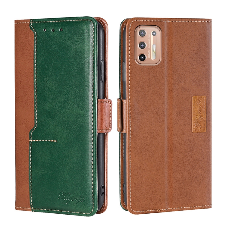

For Motorola Moto G9 Plus Contrast Color Side Buckle Leather Phone Case(Light Brown + Green)