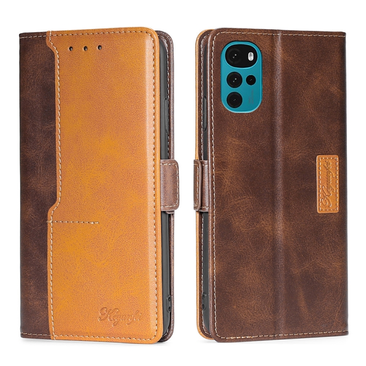 

For Motorola Moto G22 Contrast Color Side Buckle Leather Phone Case(Dark Brown + Gold)