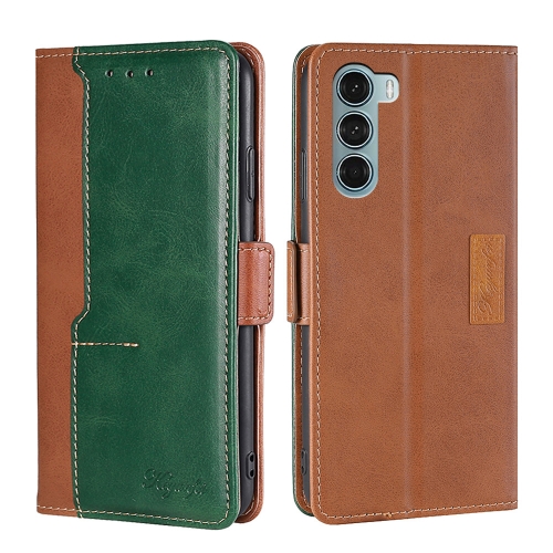 

For Motorola Moto G200 5G/Edge S30 Contrast Color Side Buckle Leather Phone Case(Light Brown + Green)