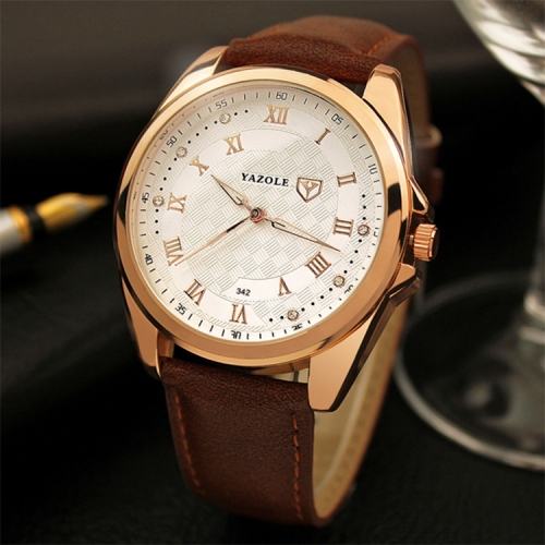 YAZOLE 342 Leather Band Diamond Scale Quartz Watch(White+Brown)