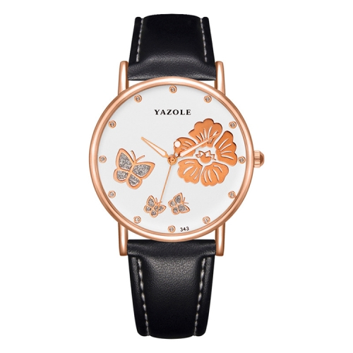 

YAZOLE 343 Leather Band Butterfly Flower Diamond Lady Watch(White+Black)