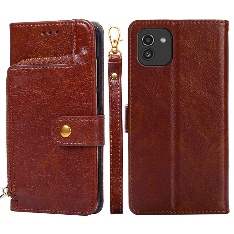 

For Samsung Galaxy A03 EU Zipper Bag Leather Phone Case(Brown)