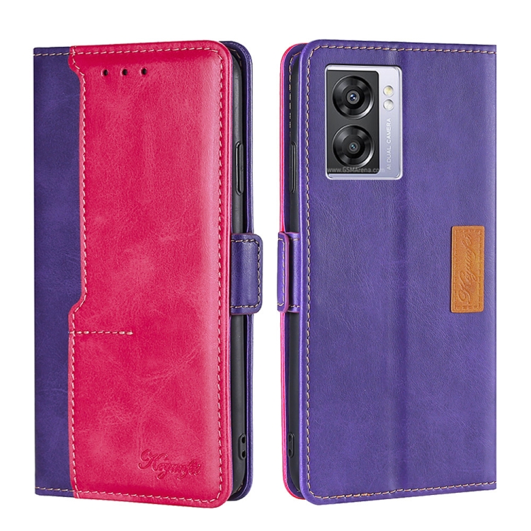 

For OPPO A57 5G 2022/Realme Q5i Contrast Color Side Buckle Leather Phone Case(Purple + Rose Red)