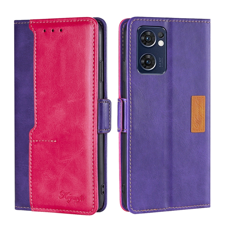 

For OPPO Find X5 Lite Contrast Color Side Buckle Leather Phone Case(Purple + Rose Red)