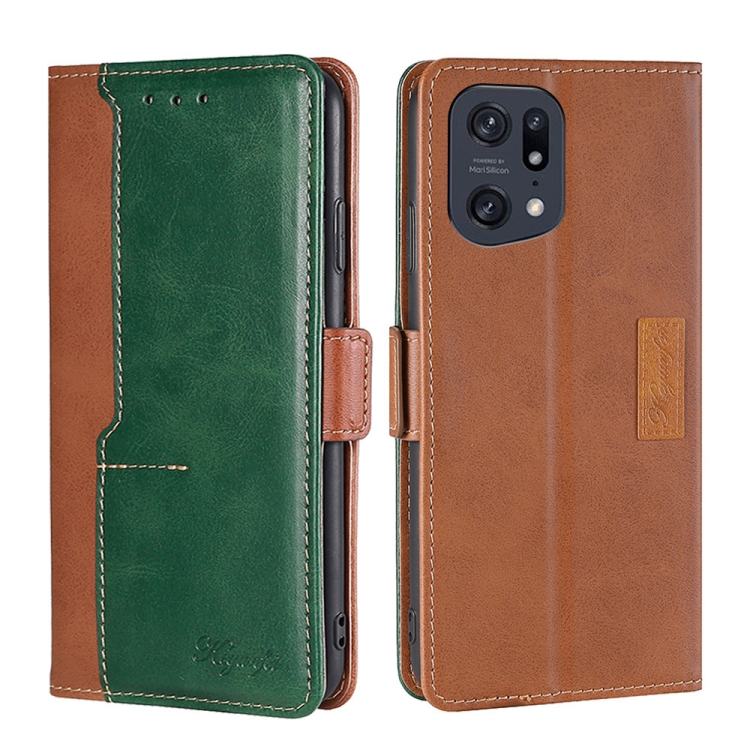 

For OPPO Find X5 Pro Contrast Color Side Buckle Leather Phone Case(Light Brown + Green)