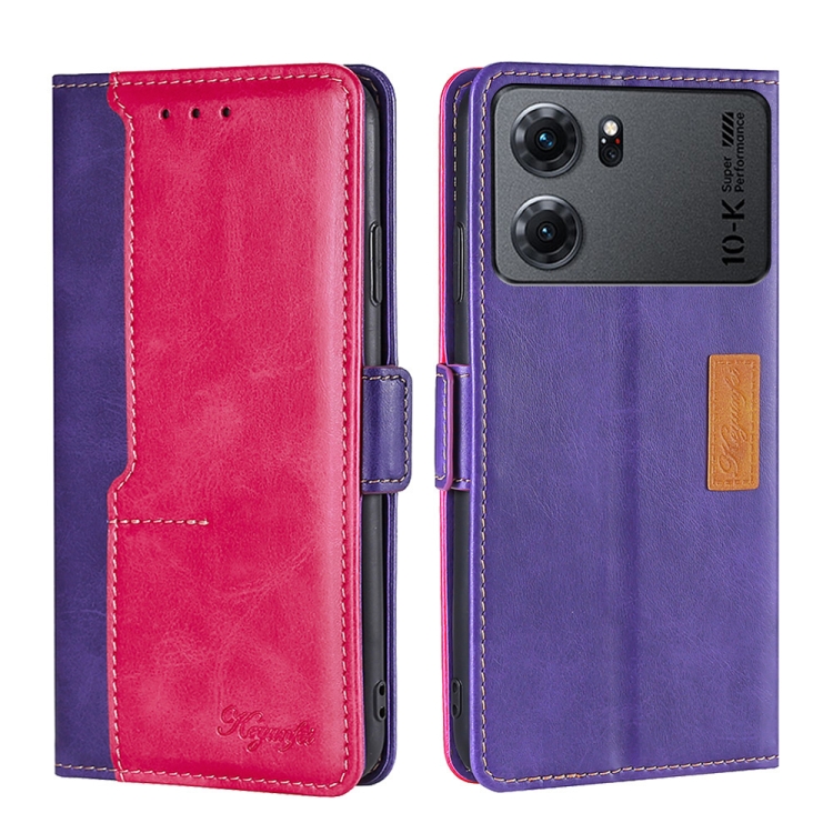 

For OPPO K10 5G Contrast Color Side Buckle Leather Phone Case(Purple + Rose Red)