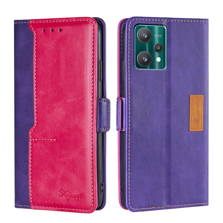 

For OPPO Realme 9 Pro Contrast Color Side Buckle Leather Phone Case(Purple + Rose Red)