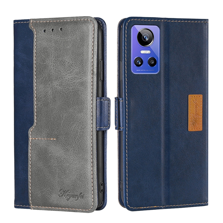 

For OPPO Realme GT Neo3 Contrast Color Side Buckle Leather Phone Case(Blue + Grey)