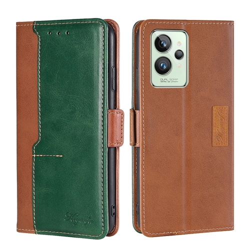 

For OPPO Realme GT2 Pro Contrast Color Side Buckle Leather Phone Case(Light Brown + Green)