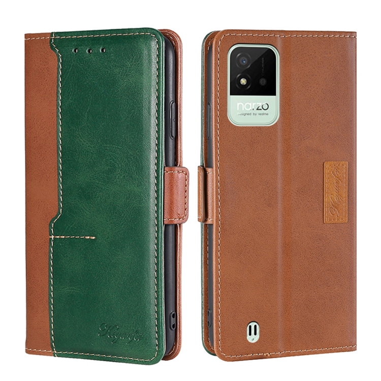 

For OPPO Realme Narzo 50i Contrast Color Side Buckle Leather Phone Case(Light Brown + Green)