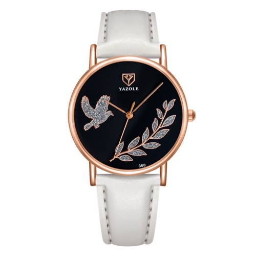 

YAZOLE 360 Leather Band Dove of Peace Diamond Lady Watch(Black+White)