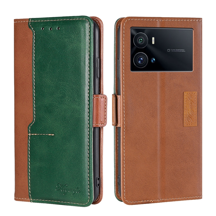 

For vivo iQOO 9 Pro 5G Contrast Color Side Buckle Leather Phone Case(Light Brown + Green)
