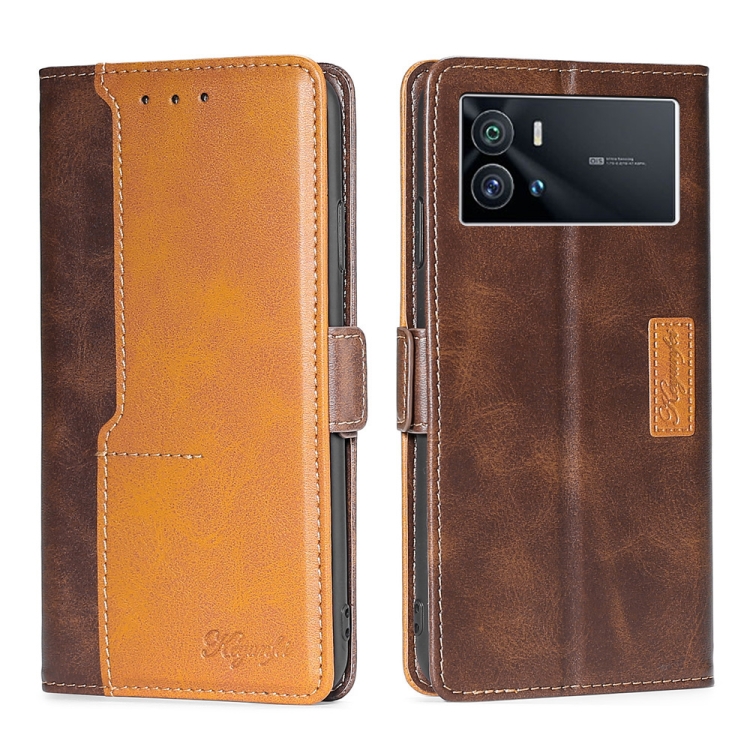 

For vivo iQOO 9 5G Contrast Color Side Buckle Leather Phone Case(Dark Brown + Gold)