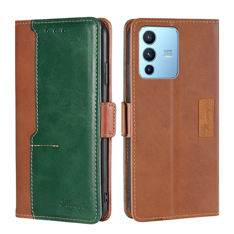 

For vivo S12 Pro 5G/V23 Pro Contrast Color Side Buckle Leather Phone Case(Light Brown + Green)