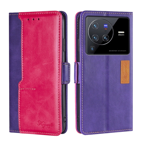 

For vivo X80 Pro Contrast Color Side Buckle Leather Phone Case(Purple + Rose Red)