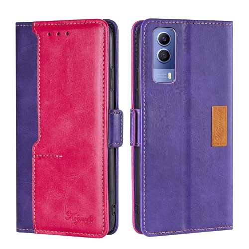 

For vivo Y53S 5G/iQOO Z5X/T1X Contrast Color Side Buckle Leather Phone Case(Purple + Rose Red)