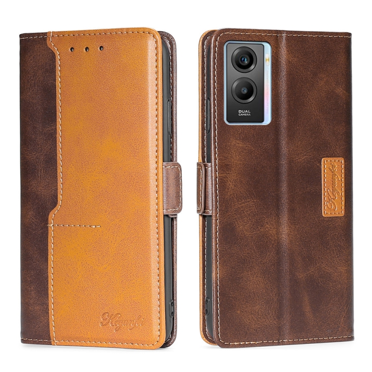 

For vivo Y55S 5G Contrast Color Side Buckle Leather Phone Case(Dark Brown + Gold)