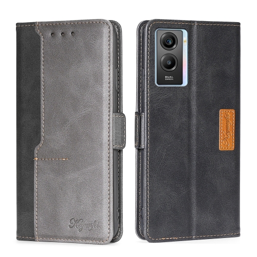 

For vivo Y55S 5G Contrast Color Side Buckle Leather Phone Case(Black + Grey)