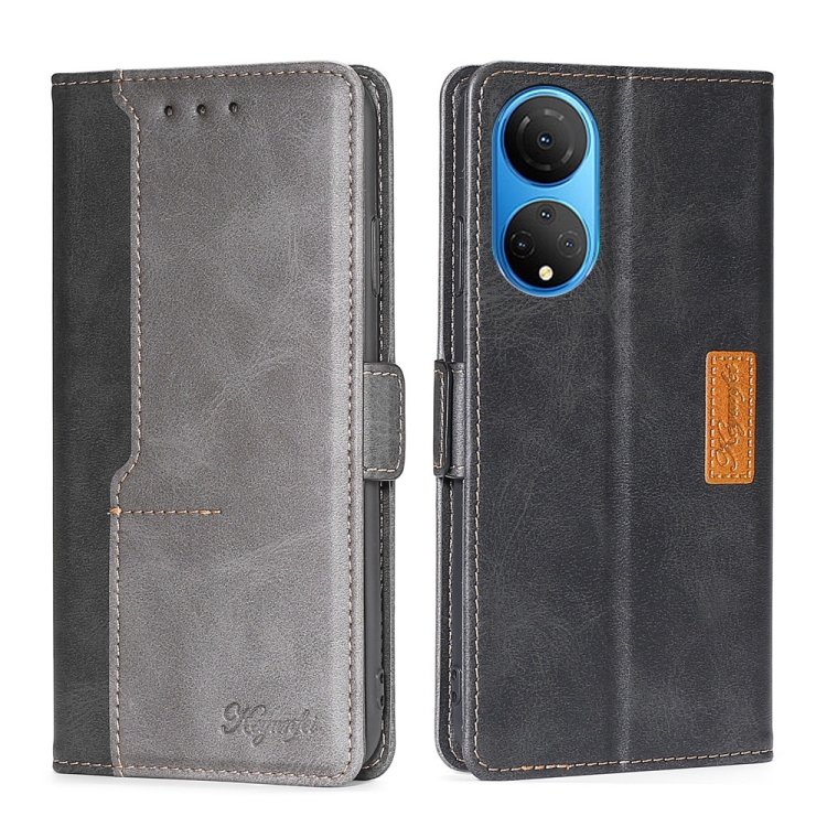 

For Honor X7 4G Contrast Color Side Buckle Leather Phone Case(Black + Grey)