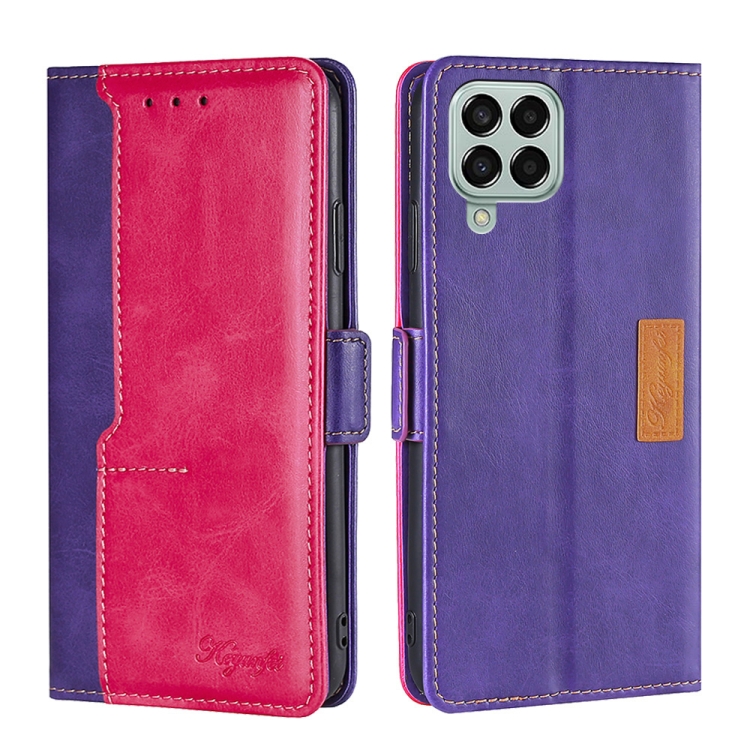 

For Samsung Galaxy M33 5G Contrast Color Side Buckle Leather Phone Case(Purple + Rose Red)