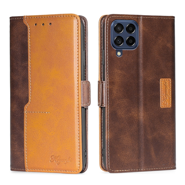 

For Samsung Galaxy M53 5G Contrast Color Side Buckle Leather Phone Case(Dark Brown + Gold)