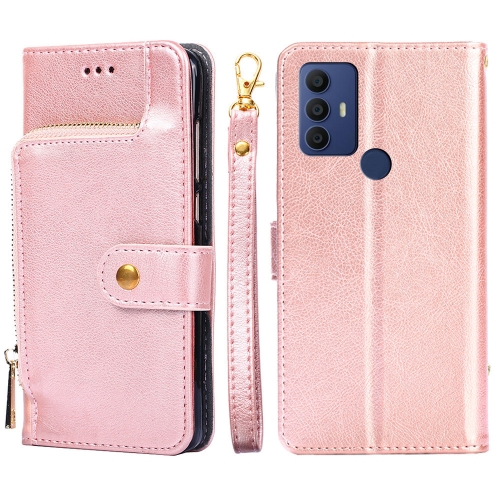 

For TCL 30 SE/306/305/Sharp Aqous V6/Aqous V6 Plus Zipper Bag Leather Phone Case(Rose Gold)