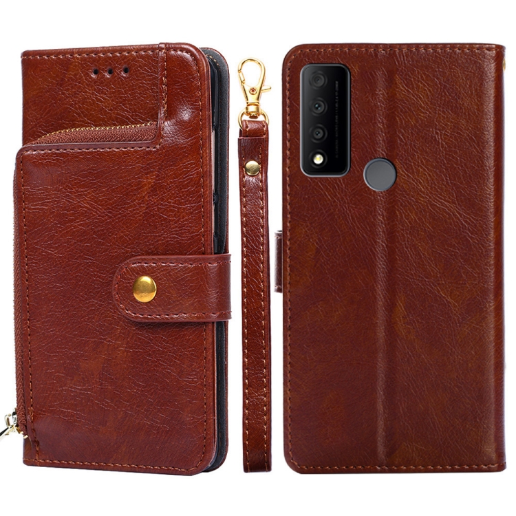 

For TCL 30V 5G Zipper Bag Leather Phone Case(Brown)