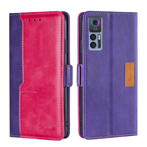 

For TCL 30 5G/30+ 5G Contrast Color Side Buckle Leather Phone Case(Purple + Rose Red)
