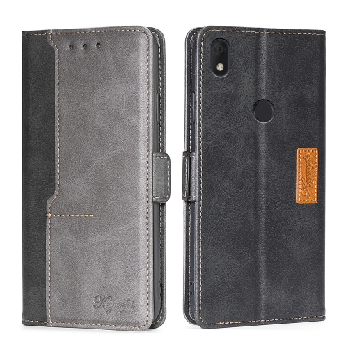 

For Alcatel Axel/Lumos Contrast Color Side Buckle Leather Phone Case(Black + Grey)