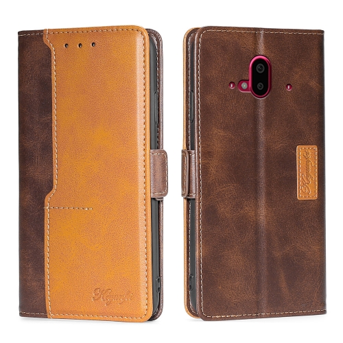 

For Fujitsu Arrows F-52B Contrast Color Side Buckle Leather Phone Case(Dark Brown + Gold)