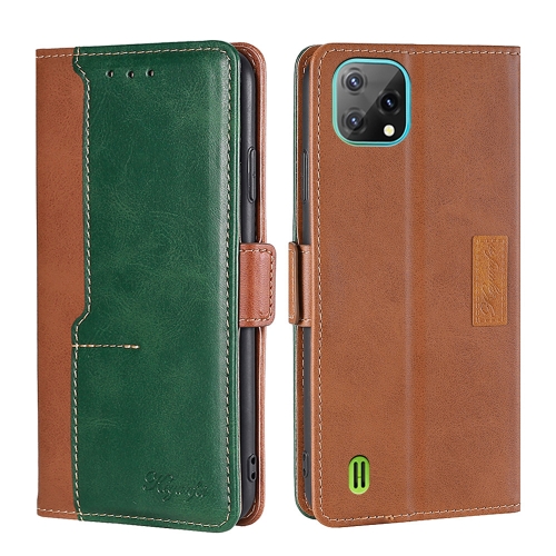 

For Blackview A55 Contrast Color Side Buckle Leather Phone Case(Light Brown + Green)