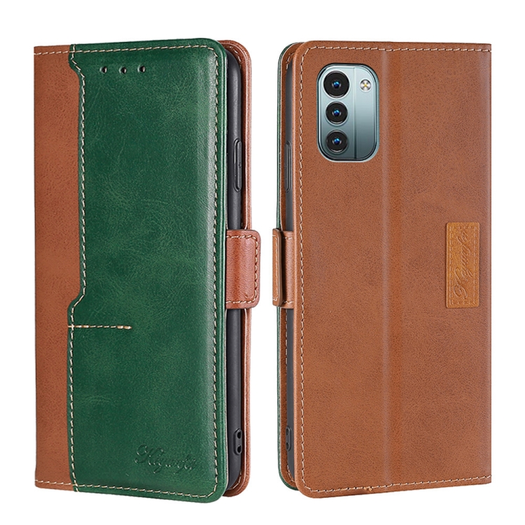 

For Nokia G21/G11 Contrast Color Side Buckle Leather Phone Case(Light Brown + Green)
